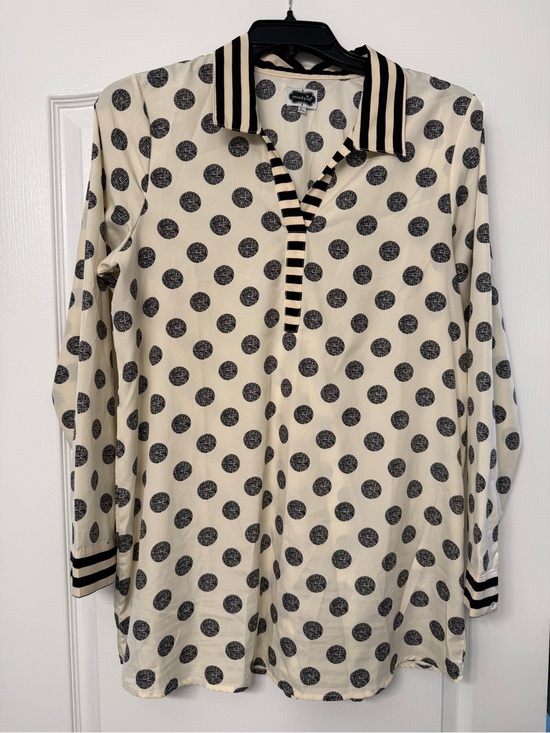Mud Pie Tops - Mud Pie Black Polka Dot Tunic Top Striped Collar Size L 12–14